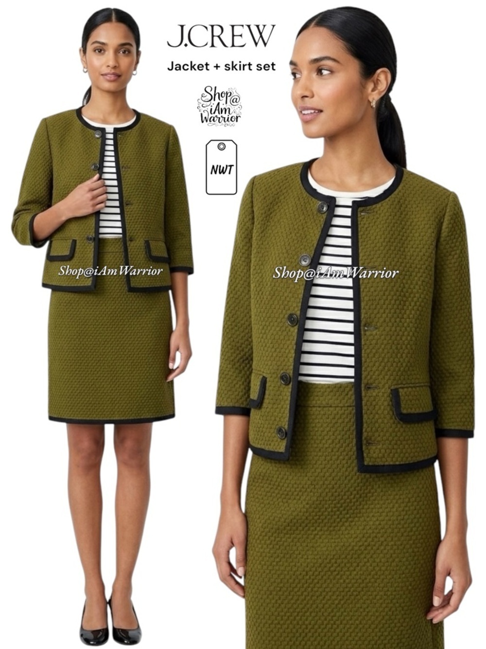 J.Crew NWT olive cropped textured ribbon tipped jacket + matching a-line skirt